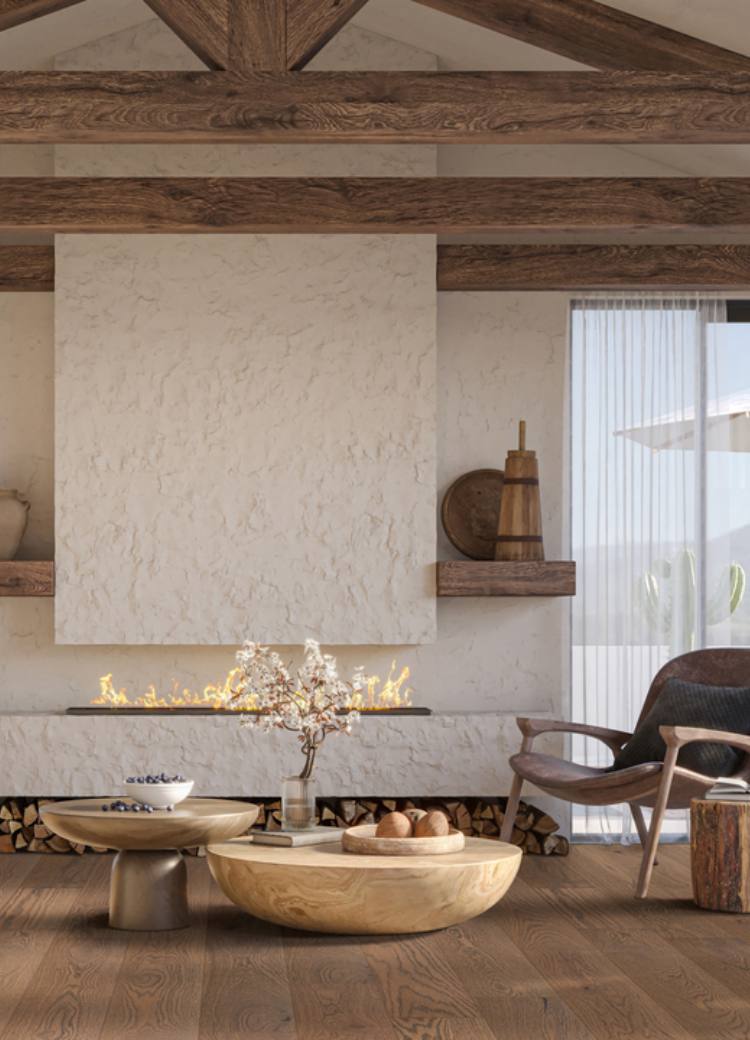 dark hardwood flooring in rustic modern living room with brown and neutral accents.